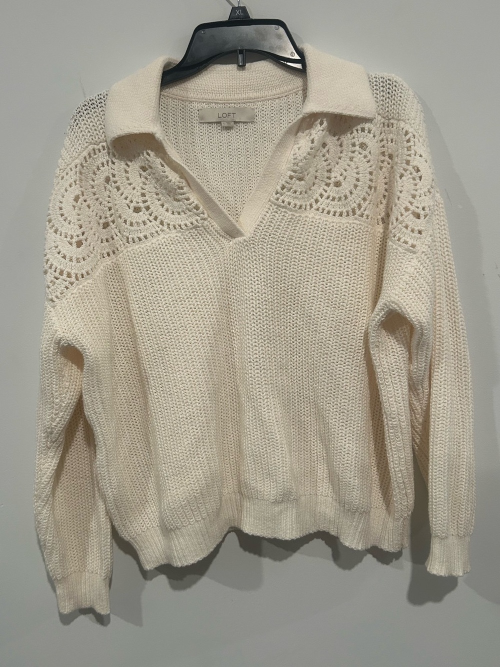 LOFT Cream Crochet-Yoke V-Neck Collared Sweater